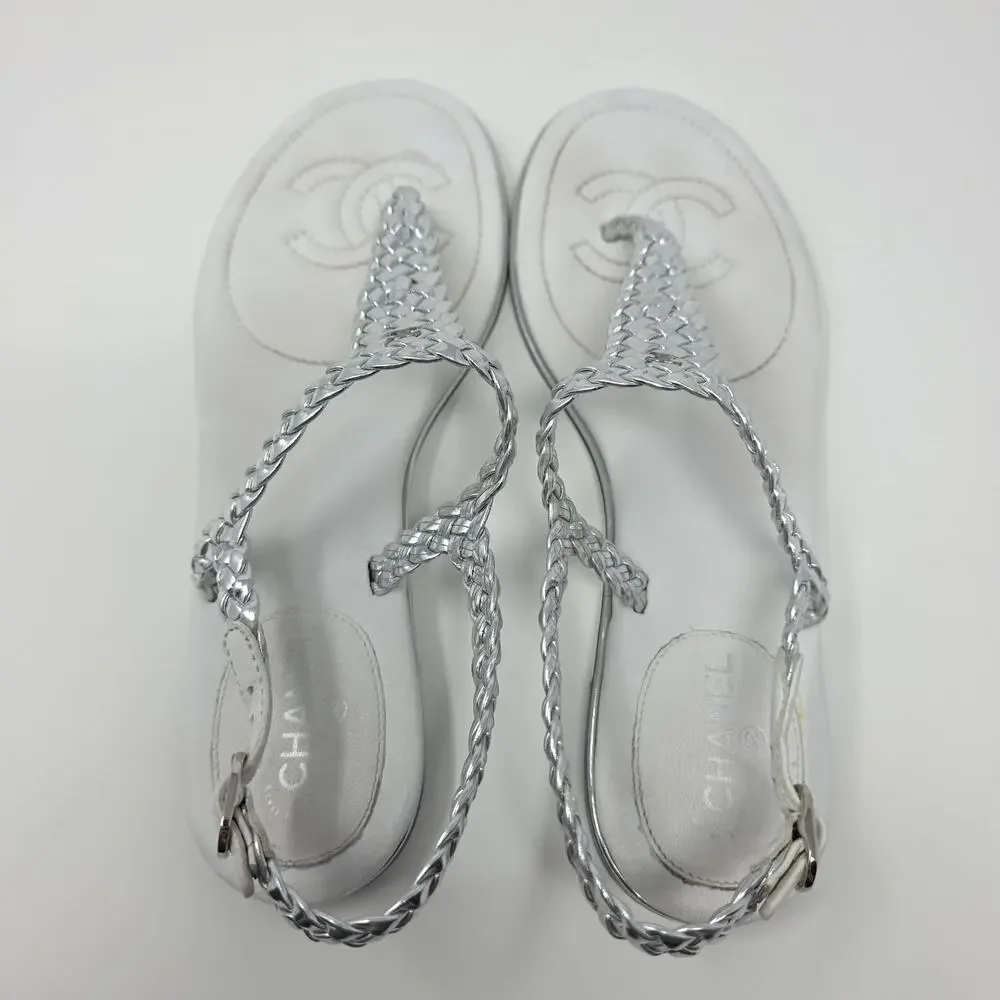 Chanel Thong Silver Leather Logo Sandals T Strap Day White 37.5 US 7